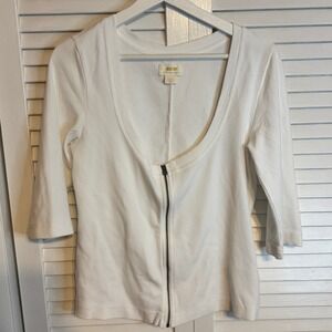 Maeve‎ by Anthropologie Womens White Ribbed Zipper Front 3/4 Sleeve Top SZ L